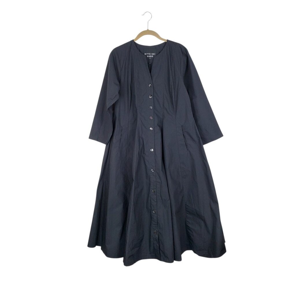 Bitte Kai Rand Paper Poplin Dress NWT Black Button Up 3/4 Sleeve Full Skirt M